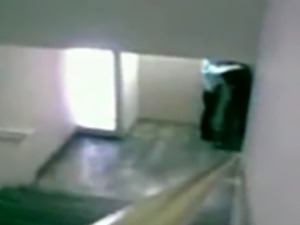 Couple having fun in the staircase, filmed secretly
