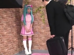 Supercute Japanese cosplayer pleases the photographers cock