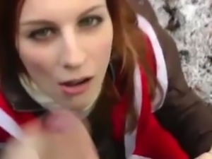German redhead takes cum outside
