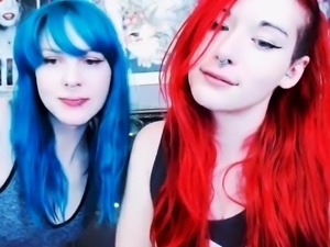 Red and Blue Haired Emo Babe Sucking And Slobbering