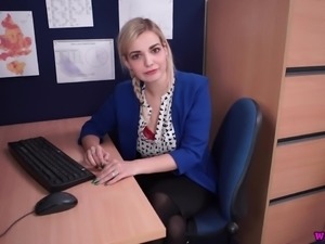 Lewd lusty office whore Dolly is eager to flash her ugly titties at work