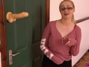 Amazing nerdy blonde beauty Rachael C kinda practice titjob with a toy