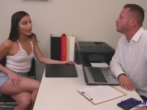 Emily Willis sucks during Job Interview. Spinner babe swallowed all cum!