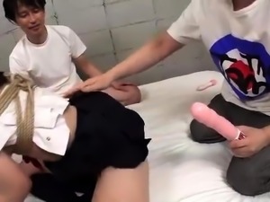 BDSM threesome for lovely Asian schoolgirl with small tits
