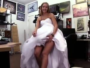 Sexy blonde bride walks in to get her pussy hammered