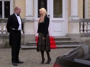 Black haired gorgeous maid swallows hard dick of chauffeur by the car