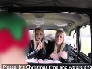 Two lovely blonde angels hard fucking with the driver