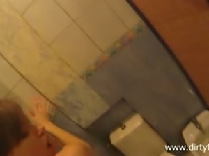 Filthy amateur chick Kitana is having sex in the toilet room