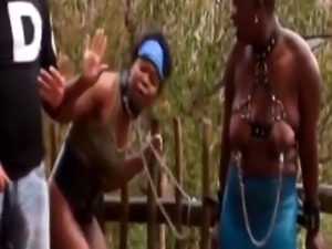 Outdoor nipple torment and spanking with nasty African sluts