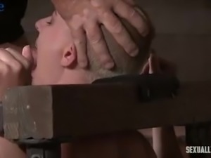 Submissive bosomy bald collar gets handcuffed and fucked doggy style