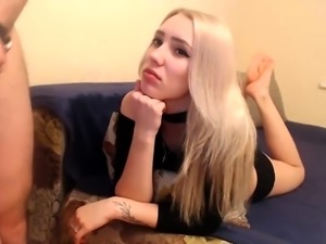 Blonde teen takes two big cocks at the same time
