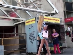Sexy slim Russian blonde in white panties voyeur upskirt