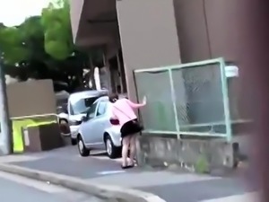Naughty Japanese babes expose their hairy snatches outside