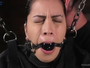 Obedient whore in straitjacket gets tied up and masturbated hard