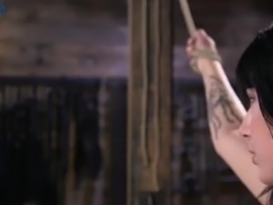 Tied up and almost crucified bitch Charlotte Sartre gets masturbated rough