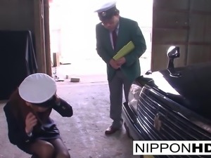 Sexy Japanese driver gives her boss a blowjob
