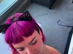 Freaky teen worships POV cock and gets banged on a balcony